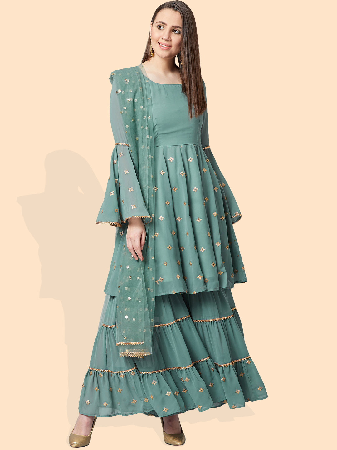 Women Sea Green & Gold Self Design Kurta with Sharara & Dupatta