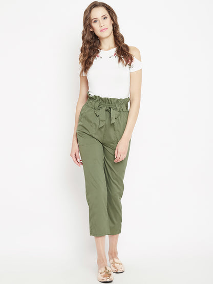 Women's solid olive pleated high waist trouser